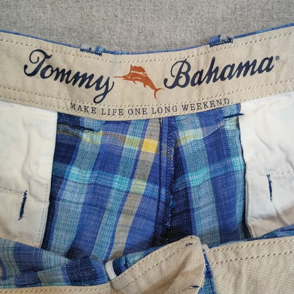 Tommy Bahama Mens Size 38 Linen Tencel Plaid Shorts Blue Resort Casual Coastal